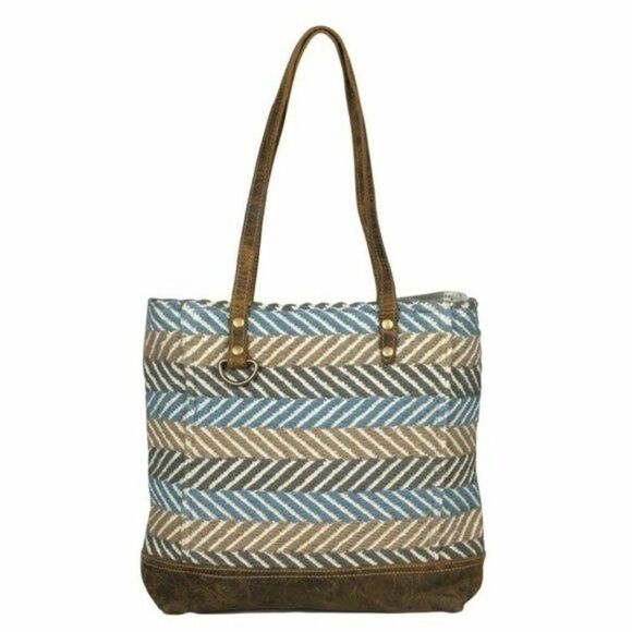 Myra Bag Handmade Tic Tac Toe Tote Bag Upcycled Canvas & Cowhide Leather - Picture 1 of 6